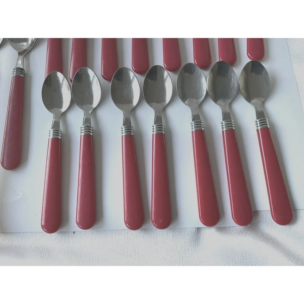 19pc Red Handle Stainless Steel Tablespoon Teaspoon Lot Retro MCM